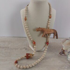Vintage Hand Carved Leopard Necklace Wooden Natural Stones African Gold Tone EUC